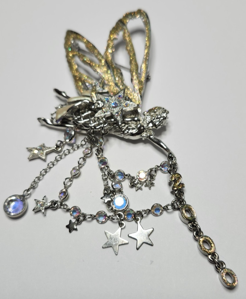 VTG Kirks Folly Fairy Brooch Charms Aurora Borealis Pin Large Wings Dangle Stars