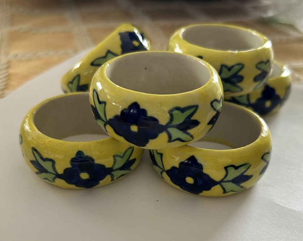 Set of 7 Handpainted Ceramic Napkin Rings in Floral Blue and Yellow Design – Euro Country Style with One Chipped Ring