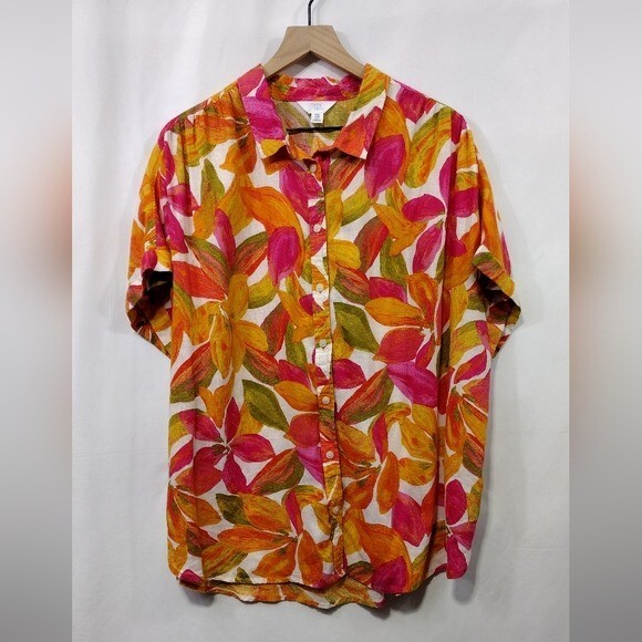 Time and Tru Womens XXL Boho Floral Button-Up Shirt in Red Orange Linen Blend