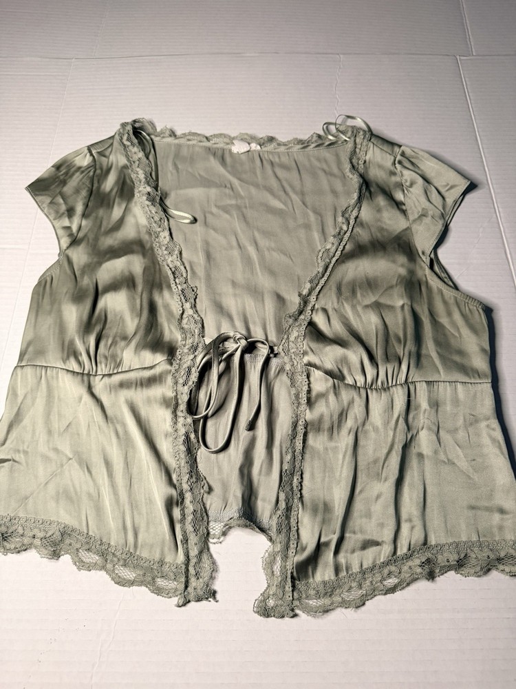 Garage Women’s M Sage Green Satin Lace Babydoll Top Tie Front Coquette Fairycore