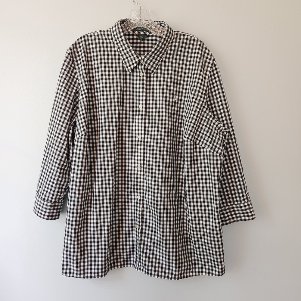 Lauren Ralph Lauren Shirt Women 3X Button Up Black White Check Cotton Preppy