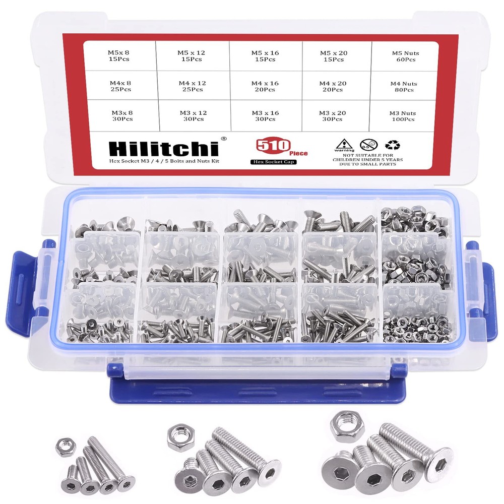 510pcs M3 M4 M5 Stainless Steel Flat Head Hex Socket Head Cap Bolts Screws Nu...