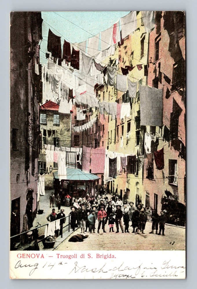 Italy- Genoa Brigida Street Laundry Hanging Old Card View Vintage c1914 Postcard