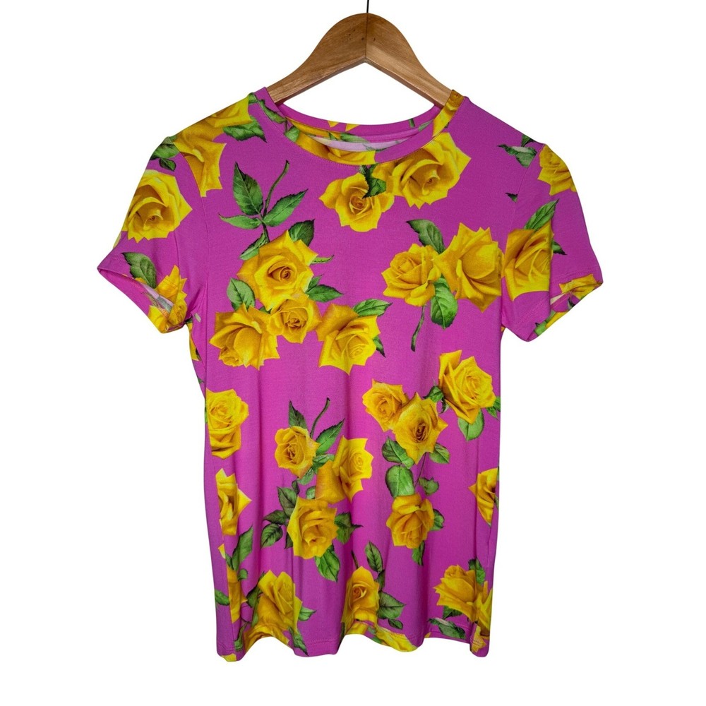 L'Agence Ressi Shocking Pink Yellow Rose Print Crewneck Short Sleeve T-Shirt M