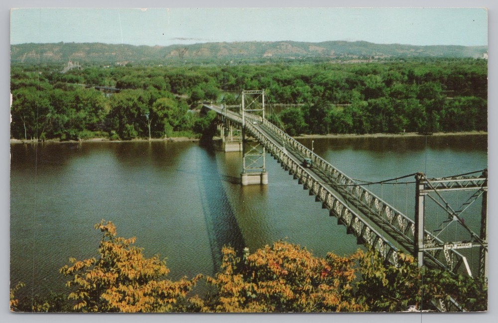 Marquette Iowa~Suspension Bridge Over Mississippi River~Vintage Postcard