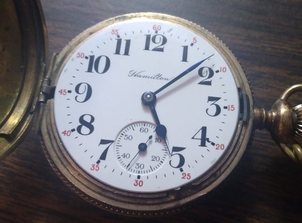 VINTAGE HAMILTON POCKET WATCH FOR PARTS HUNTER CASE 10 YR 18S GOLD FILLED CHAIN