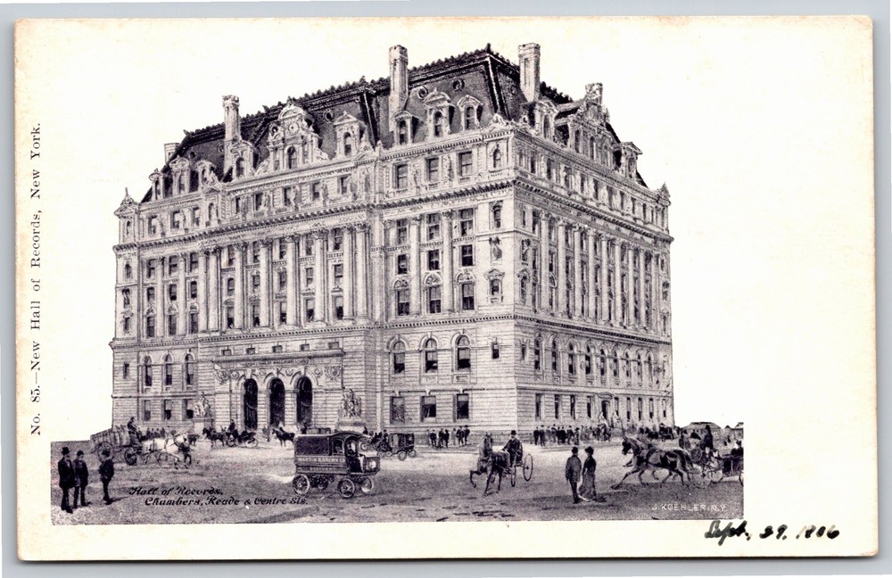 New York~Hall Of Records Bldg Street View~Beaux Arts Style~B&W~Vintage Postcard