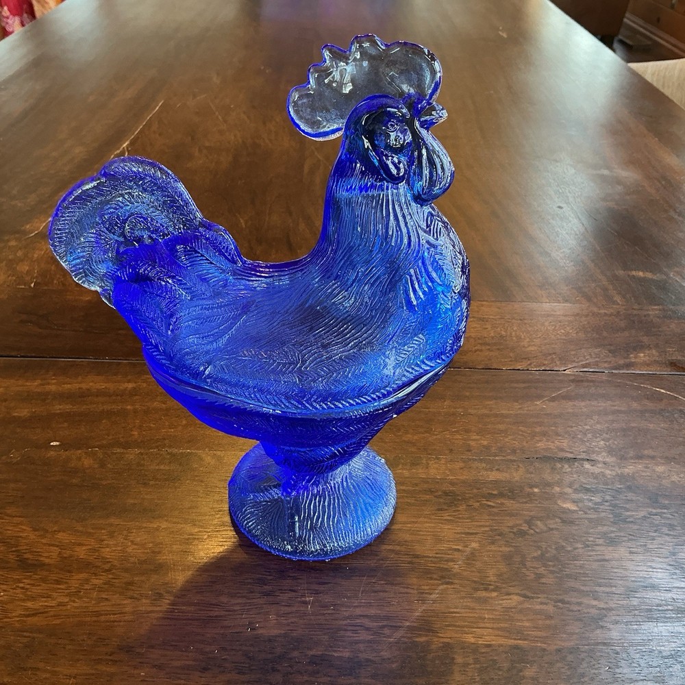 Cobalt Blue Glass Rooster Covered Candy Dish Pedestal Vintage