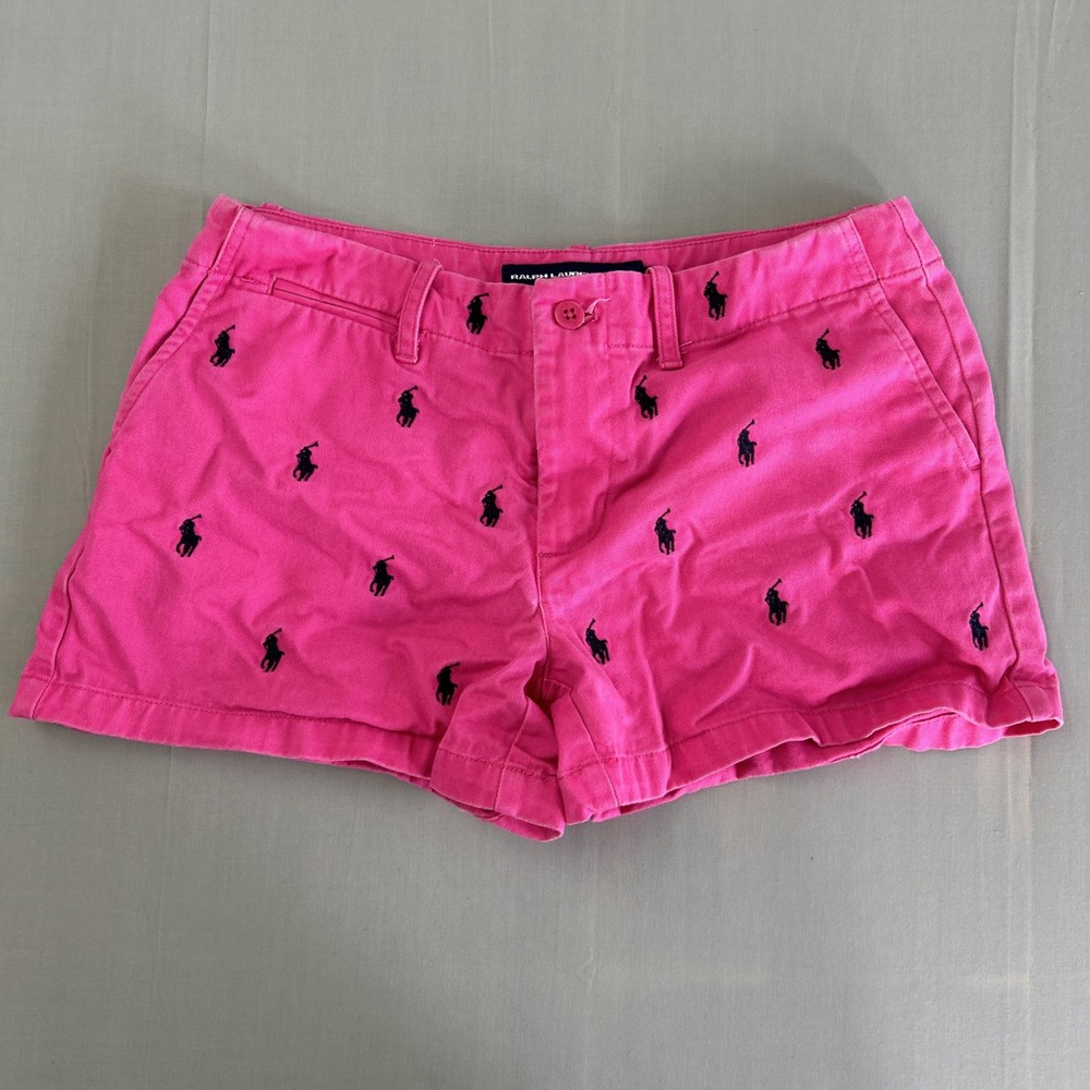 Ralph Lauren Sport Chino Shorts All Over Pony Print Women’s Size 4 Pink Blue