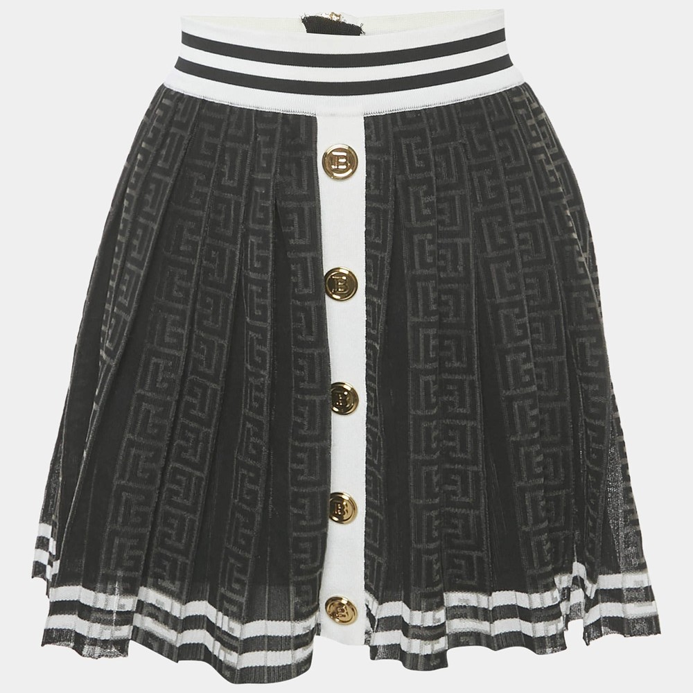 Balmain Black Monogram Mesh Pleated Mini Skirt S