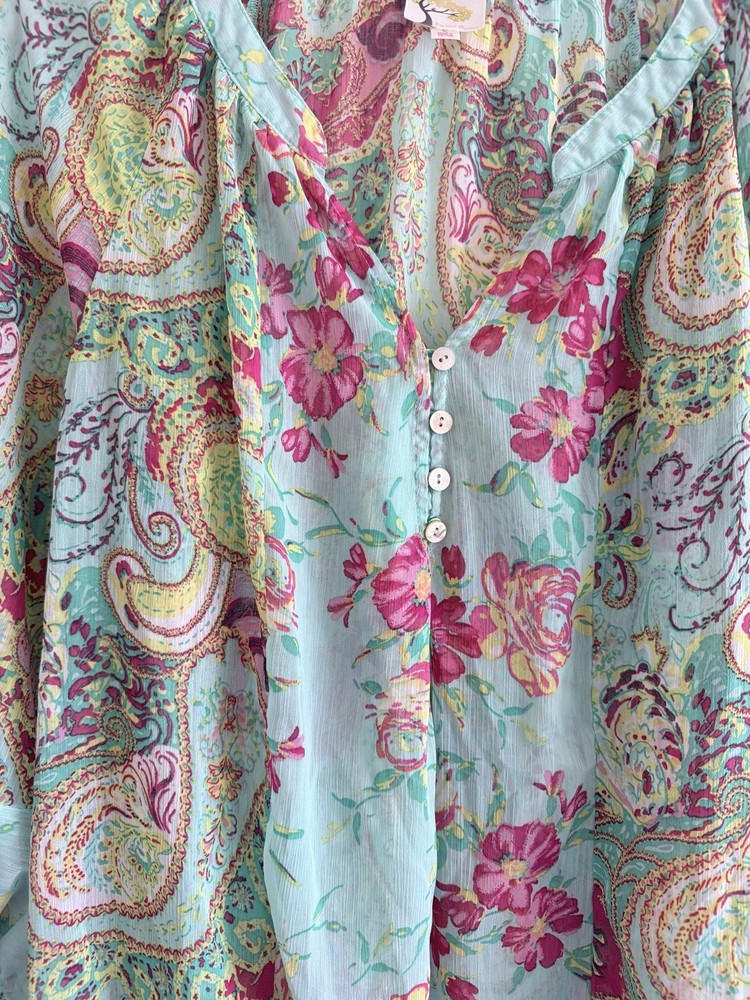 Anthropologie Figueroa & Flower Chiffon Blouse Teal Floral Size M
