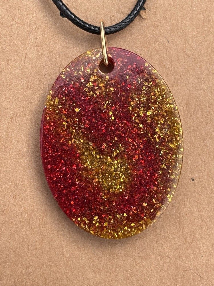 Red And Gold Sparkle Resin Oval Necklace Handmade Boho Glam Jewelry W/Gift Bag
