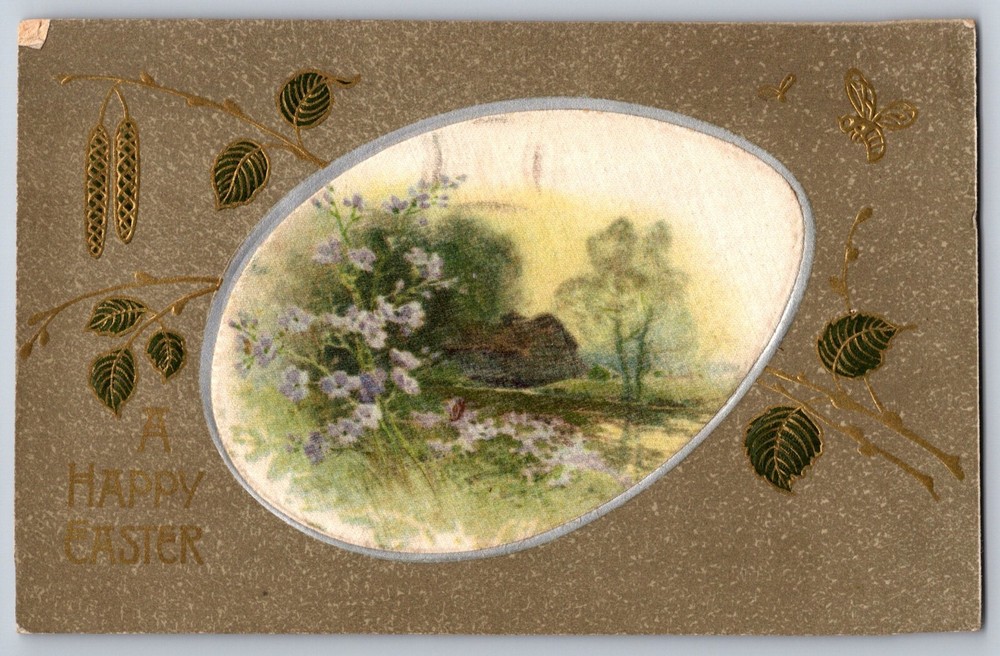 Happy Easter~House & Pond W/ Flowers In Egg Frame~Emb~Vintage Winsch Postcard