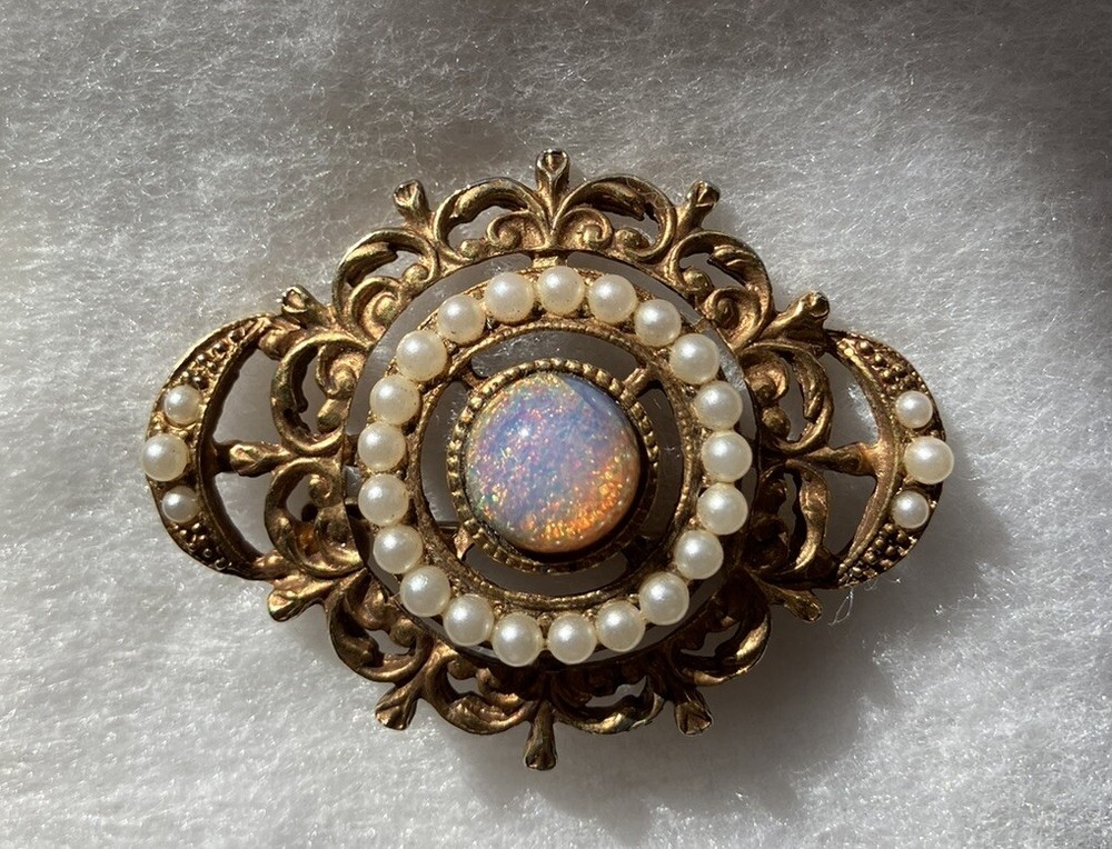 Antique Opal And Faux Pearl Brooch Gold Tone