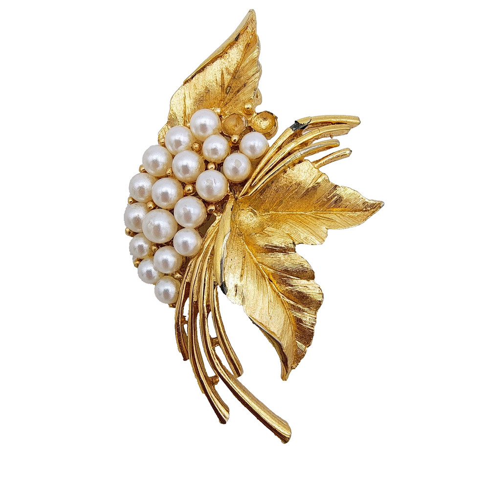 Vintage Gold Tone Faux Pearl Cluster Leaf Brooch 1960s Mid-Century Modern READ