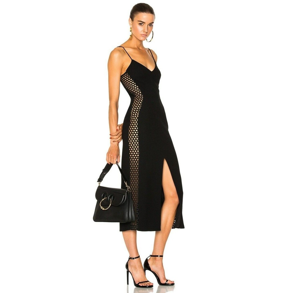 David Koma Black Wool Cutout Side Panel Midi Cocktail Dress Slit Strappy Size 10