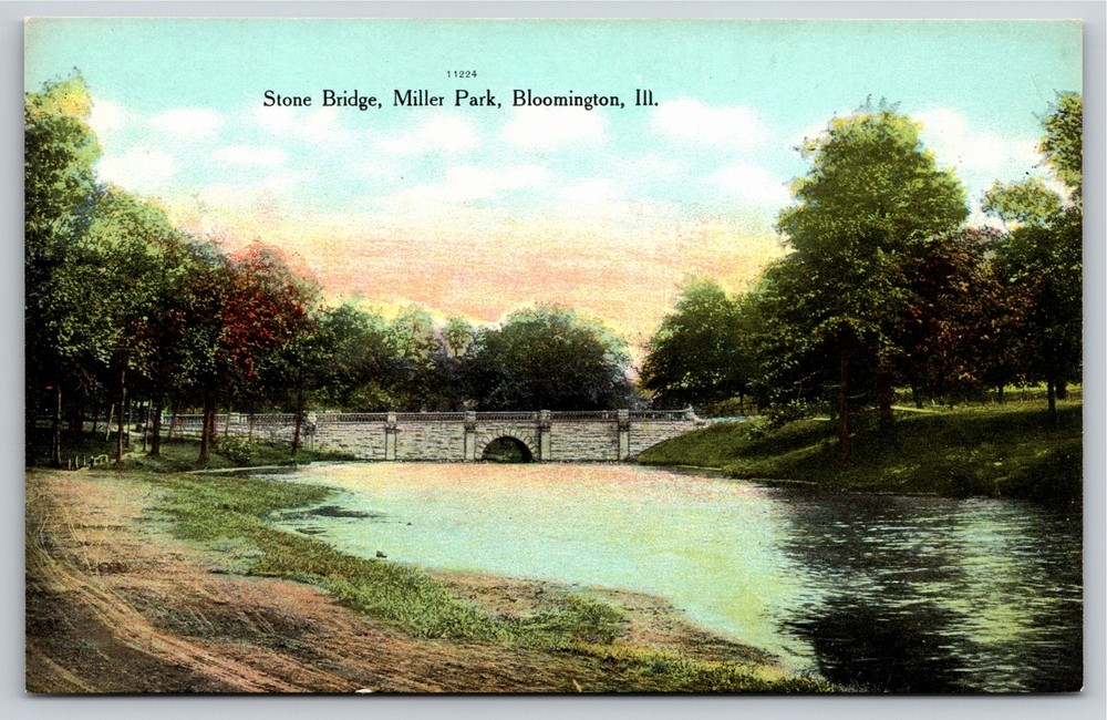 Parks~Stone Bridge Miller Park Bloomington Illinois~Vintage Postcard
