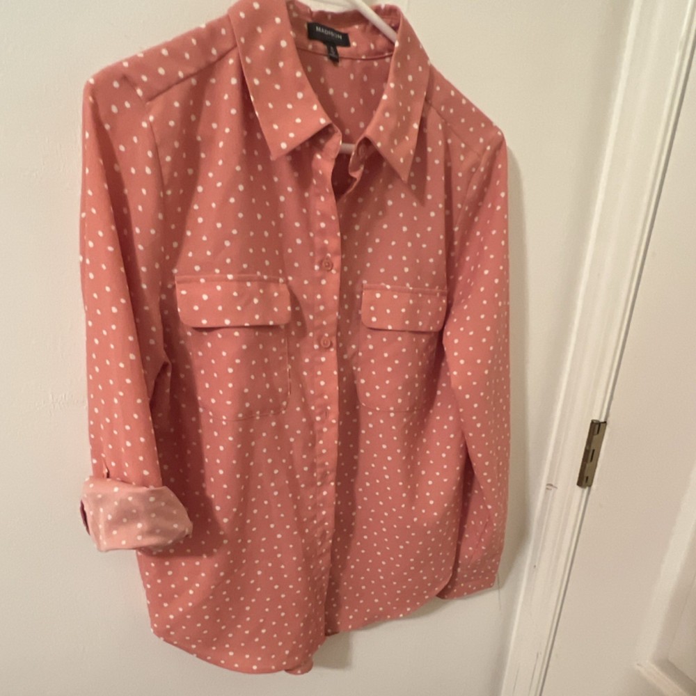 Madison Pink White Polka Dot Collared Button-Up Shirt Long Sleeve Womens S