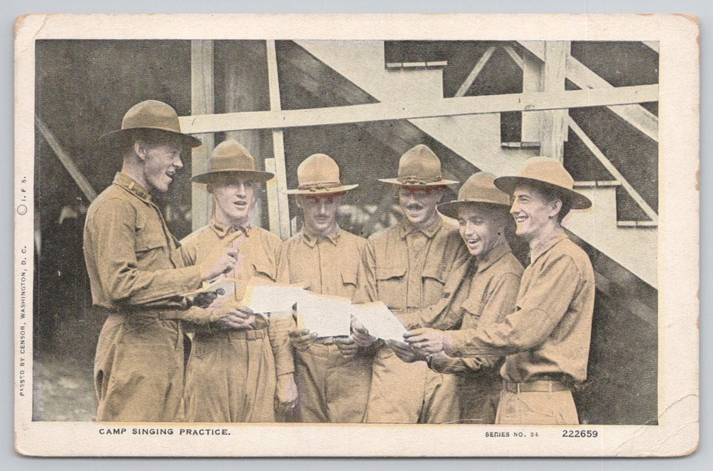 WWI Era Camp Singing Practice Soldiers Postcard Sackett & Wilhelms