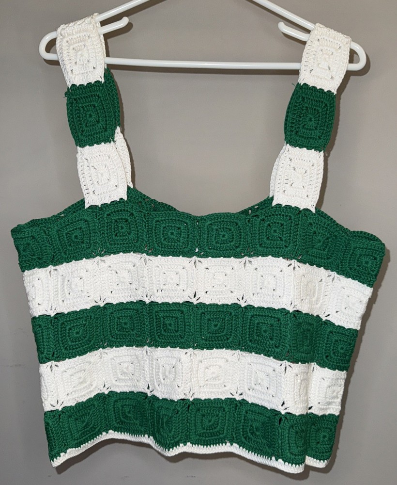 Hyacinth House Tuckernuck Green And White Crochet Cooper Tank - Size Large
