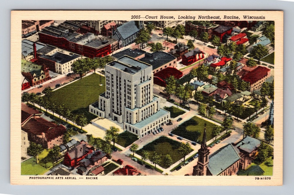 Racine WI- Wisconsin Aerial Court House Looking Northeast Vintage Postcard