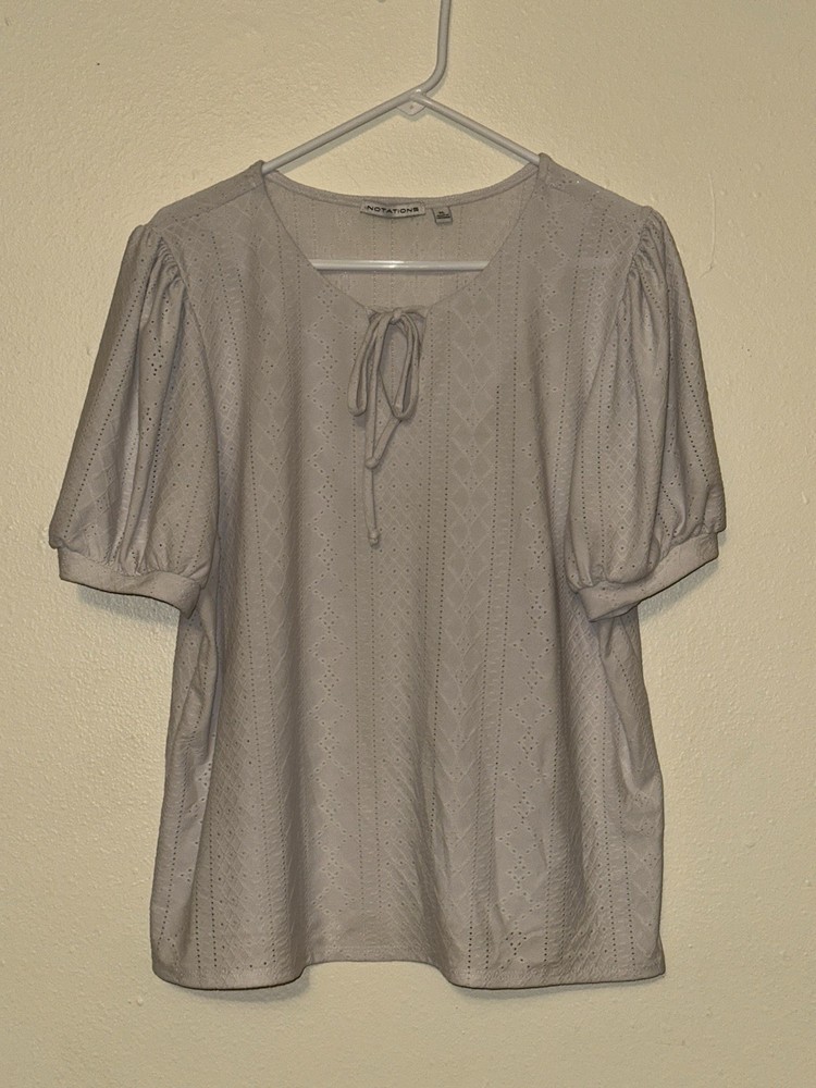 Notations white  Solid Tie Accent Round Neck Puff Short Sleeve Blouse Women XL