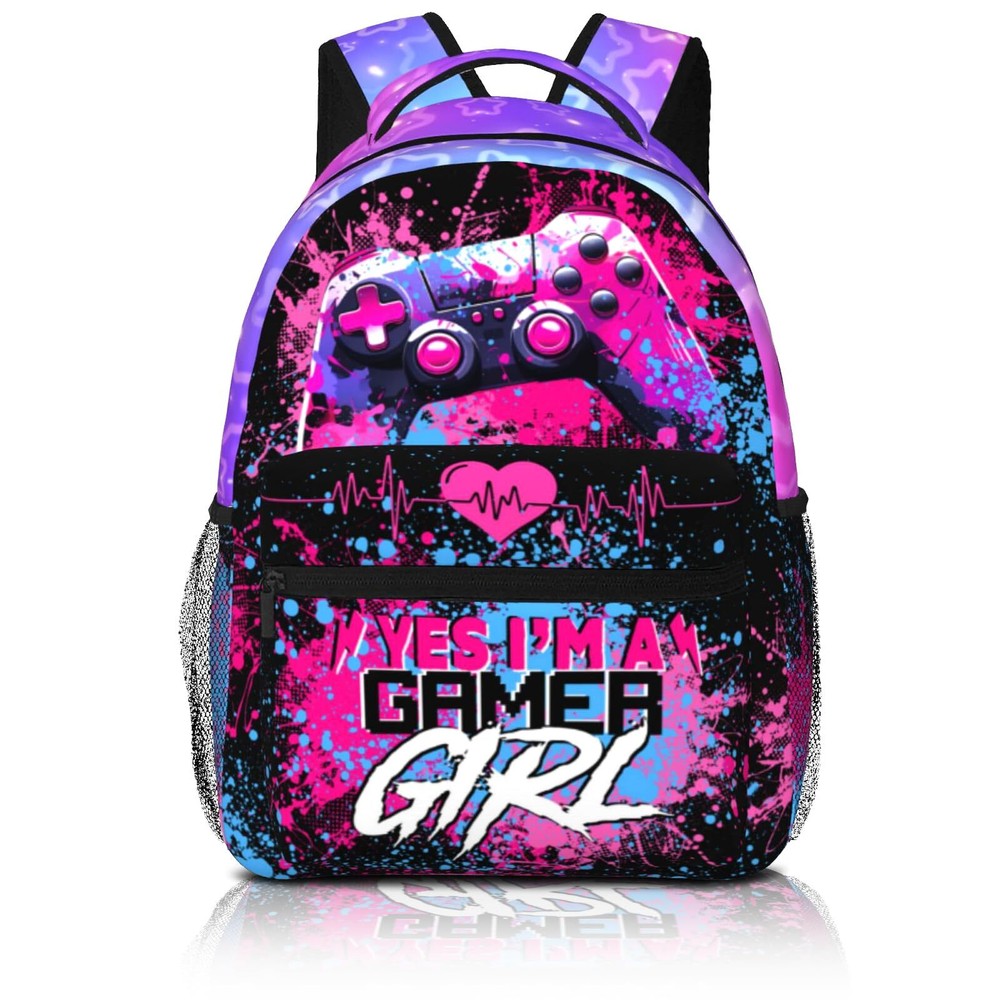 Abstract Pink Gaming Backpack for Girls Lightweight Print Bookbag with Gamepad Design-image