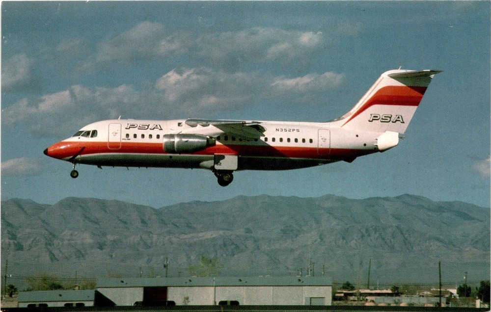 N352PS, Pacific Southwest Airlines, BAe 146-200A, Jay Selman, Postcard