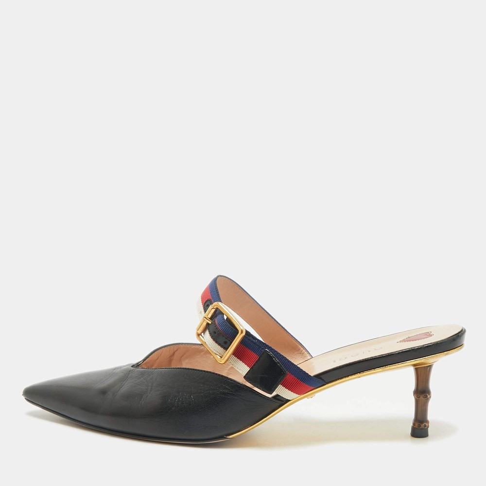 Gucci Black Leather Web Pointed Toe Bamboo Heel Mules Size 405