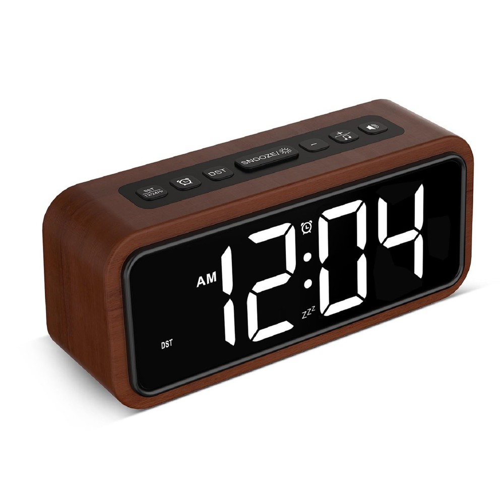 Wooden Alarm Clock, Loud Digital Plug-in Clock with 5 Volumes, 12 Ringtones, ...