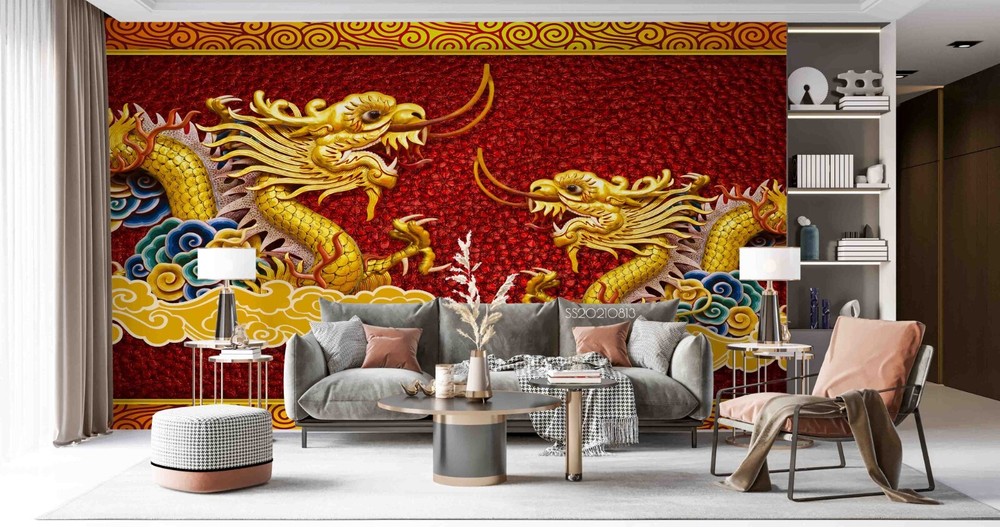 3D Gold Embossed Dragon Wall Murals Wallpaper Murals Wall Sticker 2