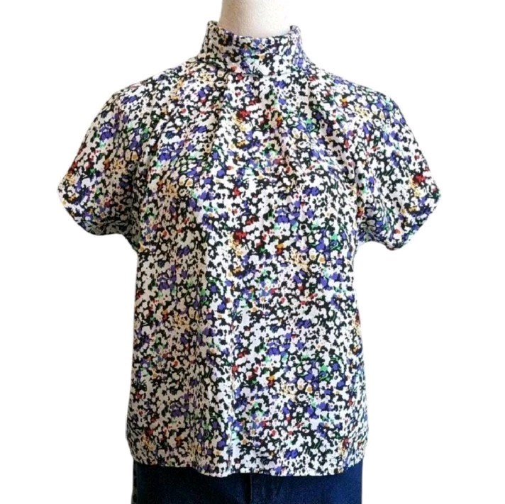 Vintage 80s Natalie Floral Blouse Womens Size 10 Mock Neck Puff Sleeve Top