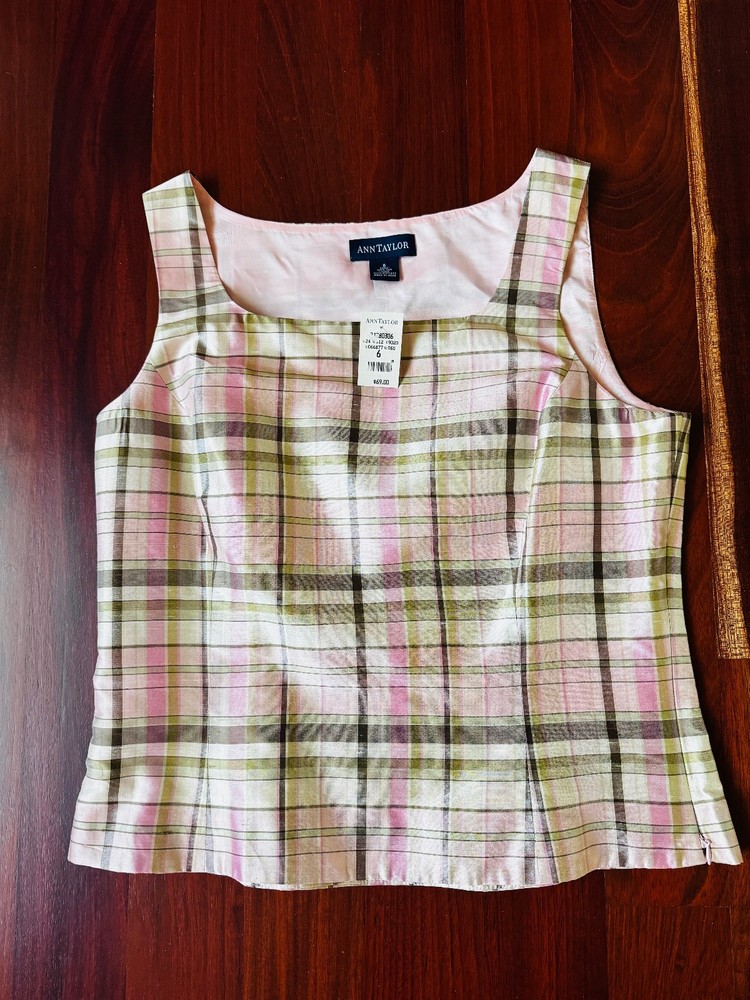 Ann Taylor Womens 100% Silk Shell Green Pink Plaid Sleeveless Tan Top Size 6