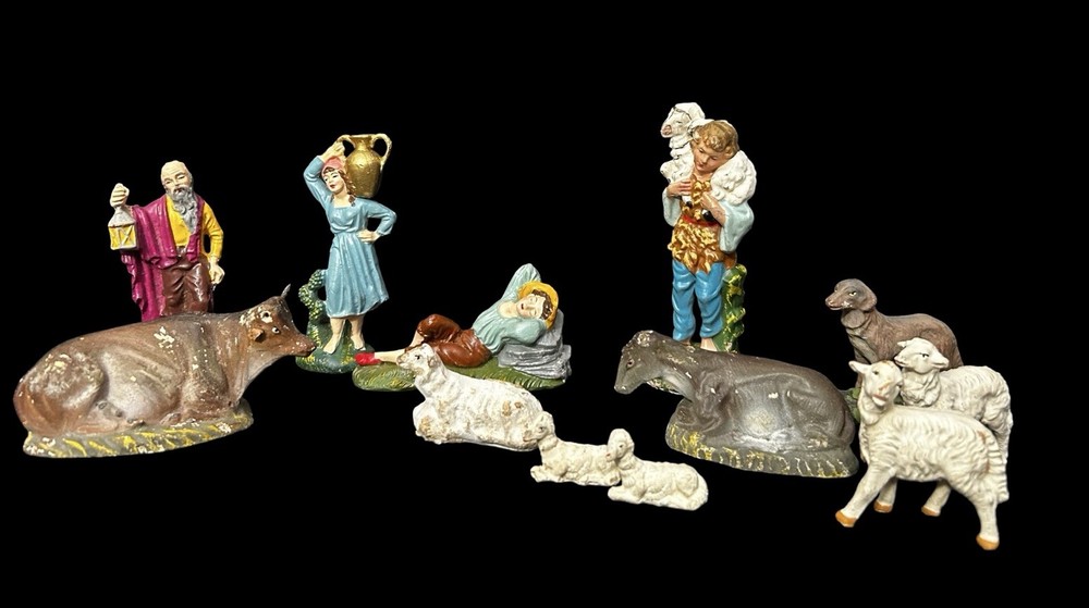 VTG 11pc Chalkware Nativity Scene Figurines Shepard Animals Made In Italy READ