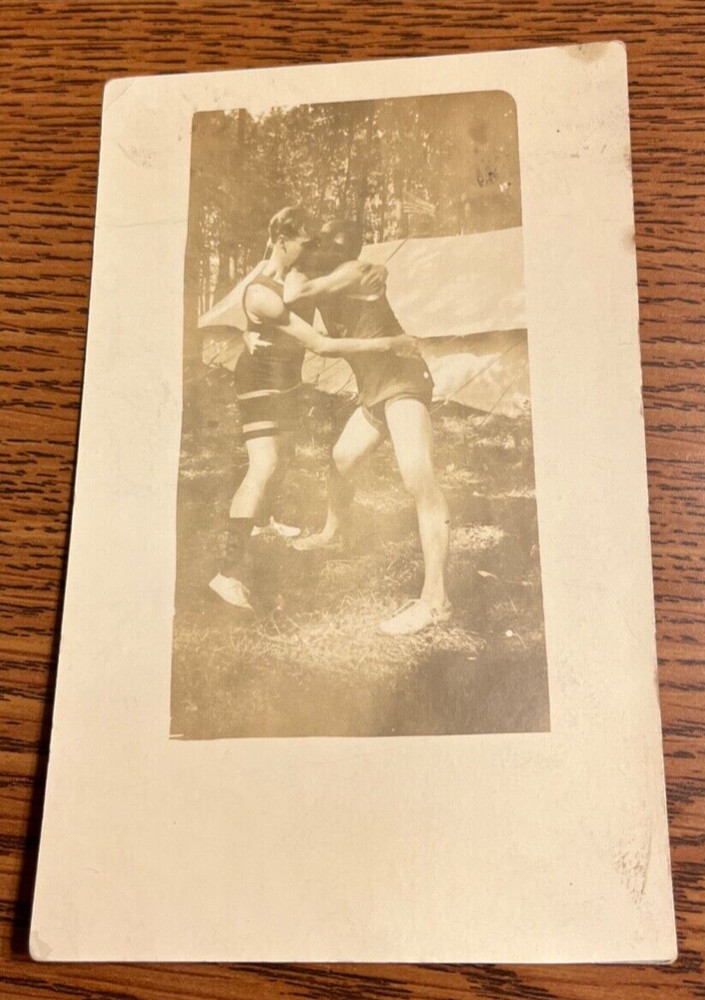 Boys Wrestling - Early Vintage Real Photo Postcard Rppc
