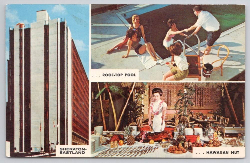 Sheraton-Eastland Motor Hotel Portland Maine Rooftop Pool Hawaiian Hut Postcard
