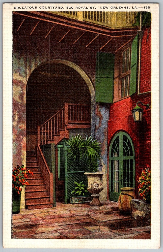 Vtg Linen Postcard Brulatour Courtyard Stairway New Orleans, LA 1930s
