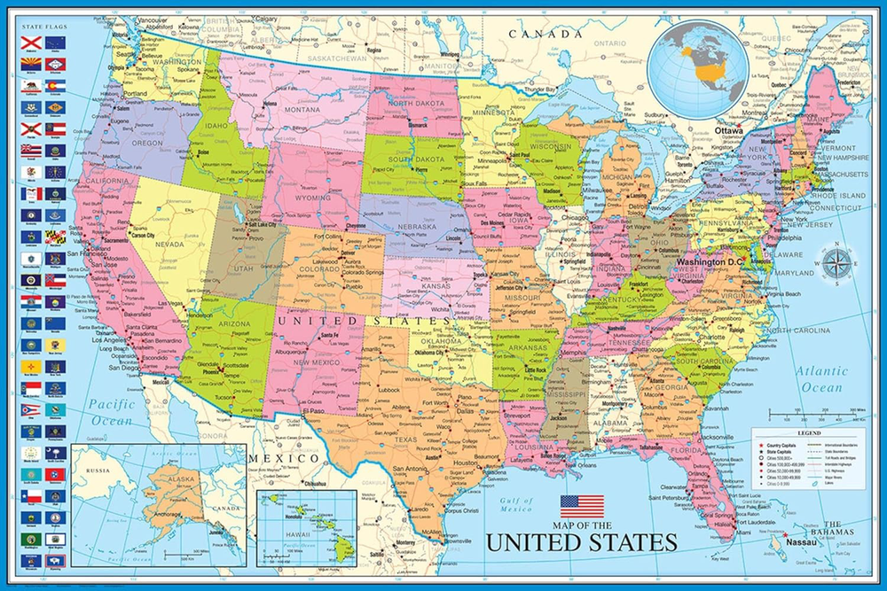 AllPosters Wall Poster Map Of The United States With State Flags, 36x24