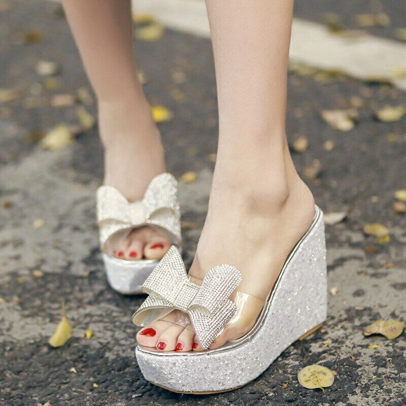 Bow Wedge Heel Shoes with Man-Made Diamond Accents Slanted Sole 2020 Trend