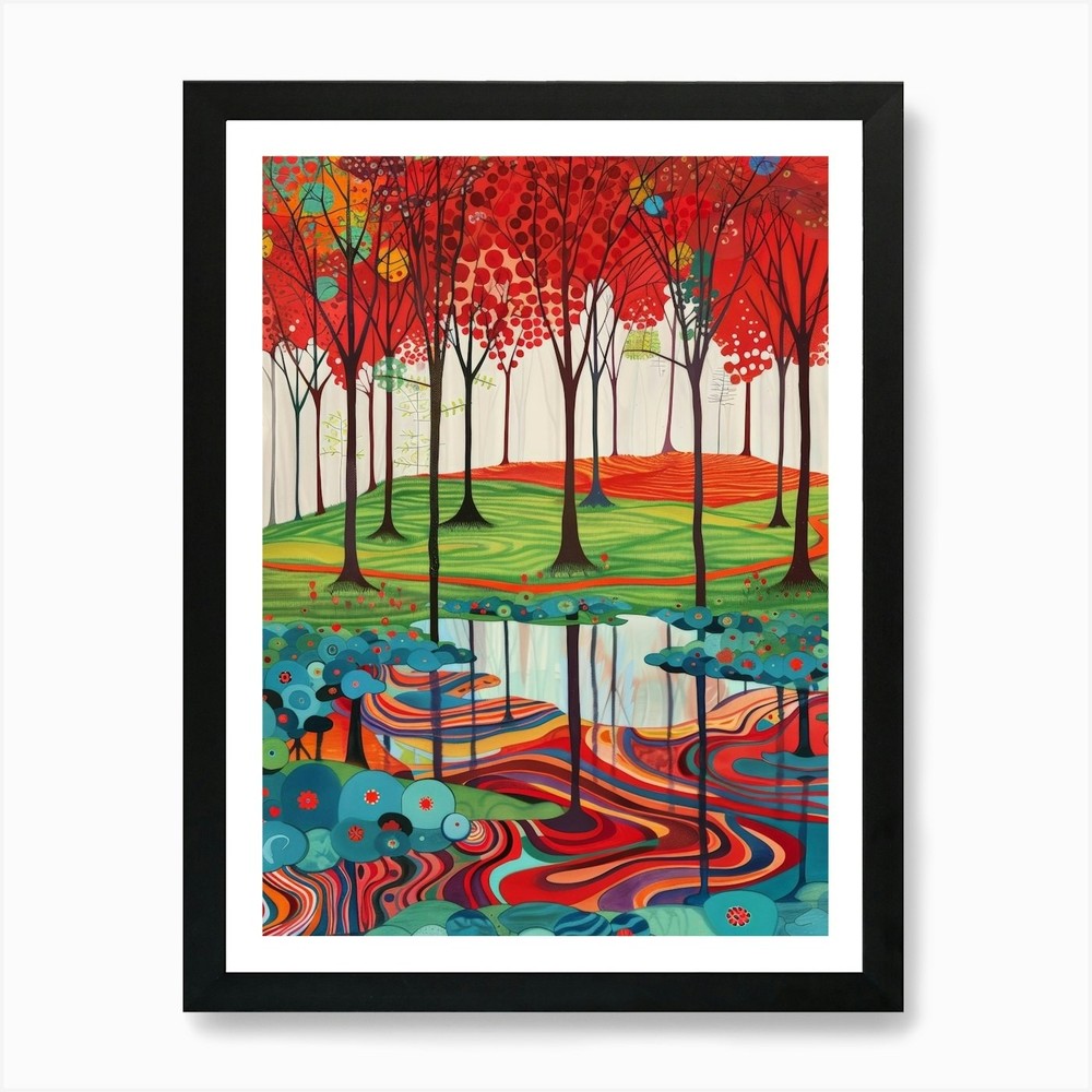 Red Trees Pond Art Print Framed Wall Decor Canvas Picture  