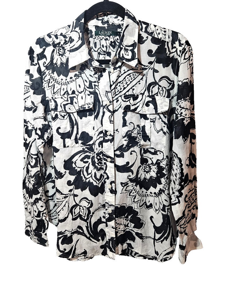 Lauren Ralph Lauren Cotton Silk Shirt Black/White Women's Size Large
