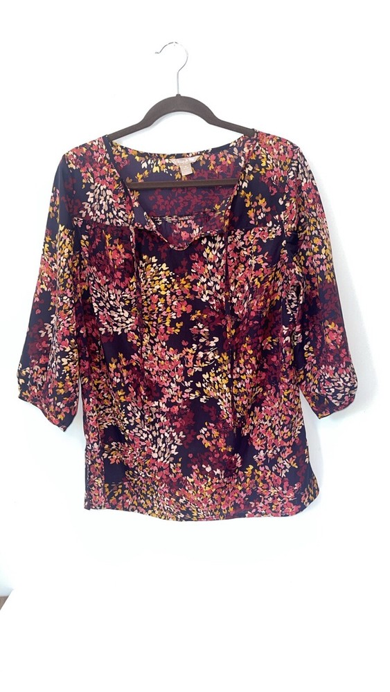 Women’s White Stag Top Medium  Lightweight Sheer Floral Fall Blouse 3/4 Sleeve