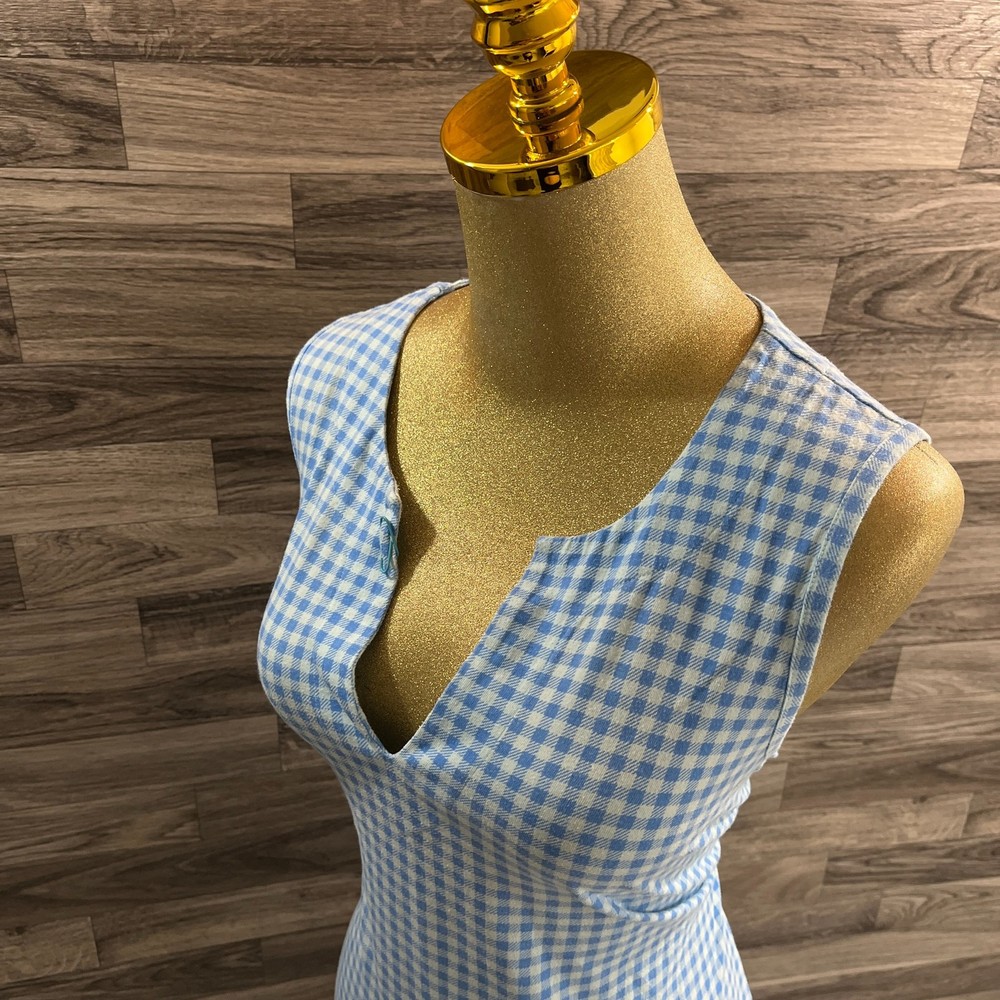 LANDS' END V-Neck Sleeveless Fringe Blue Check Sheath Dress Women's Size Medium