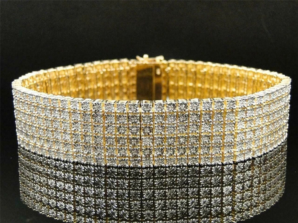 10 Ct Round Cut Simulated Diamond Men's Tennis Bracelet 14k Yellow Gold Plated