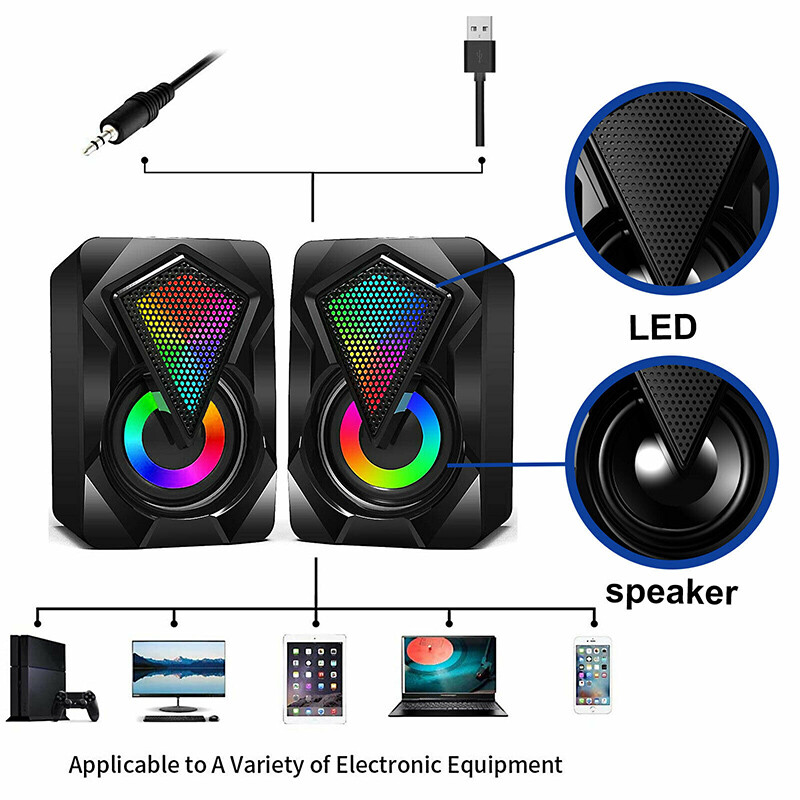 USB Wired RGB Computer Speaker Stereo Bass with Colorful LED Light For PC Laptop