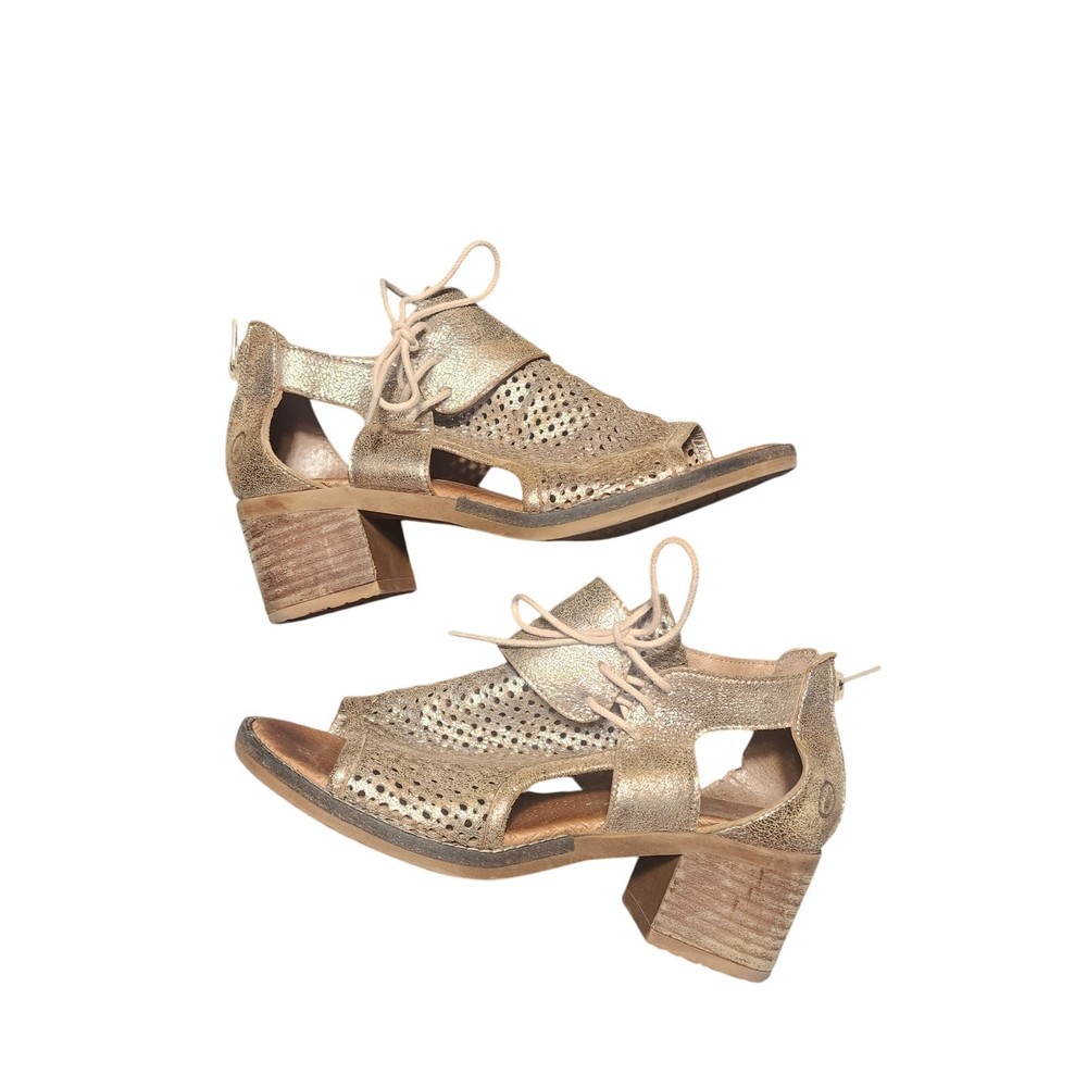 Casta Sz 38 US 7.5 Goldtone Heeled Open Toe Sandals Leather Zip Back EUC