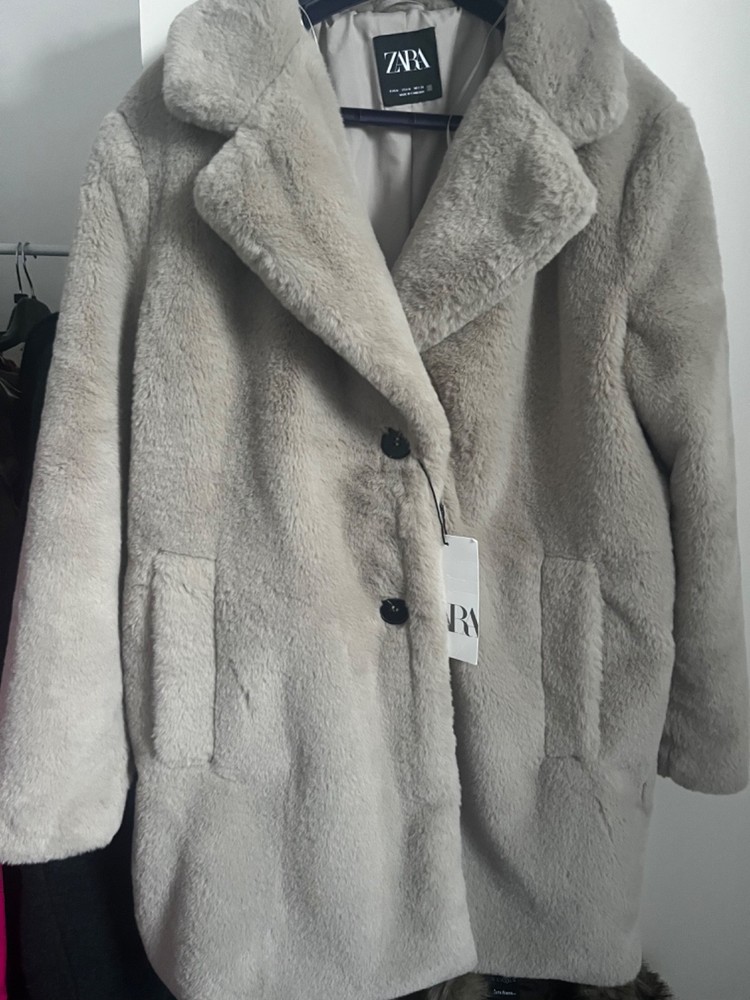 NEW ZARA RICH FAUX FUR LADIES WARM COAT GREY BEIGE COLLAR WOMEN JACKET SIZE M
