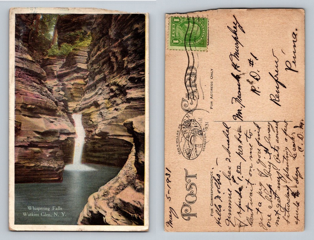 Watkins Glen, NY-New York, Whispering Falls Gorge View Vintage c1931 Postcard