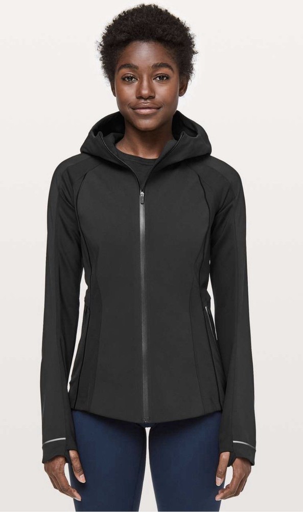 Lululemon Women's Cross Chill Jacket Black Full Zip Hooded Hi Vis Strip Size 8