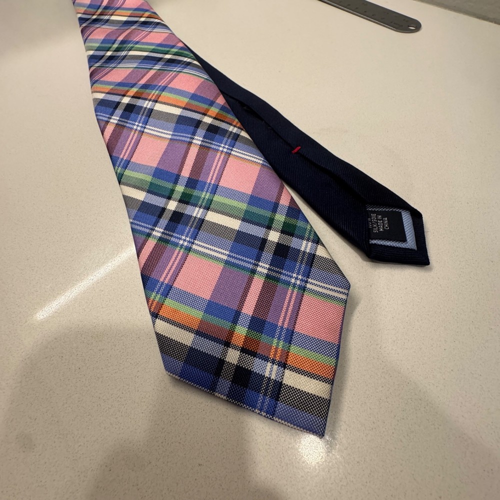 Tommy Hilfiger Tie Adult Pink Blue Plaid Necktie 100% Silk Multicolor Preppy